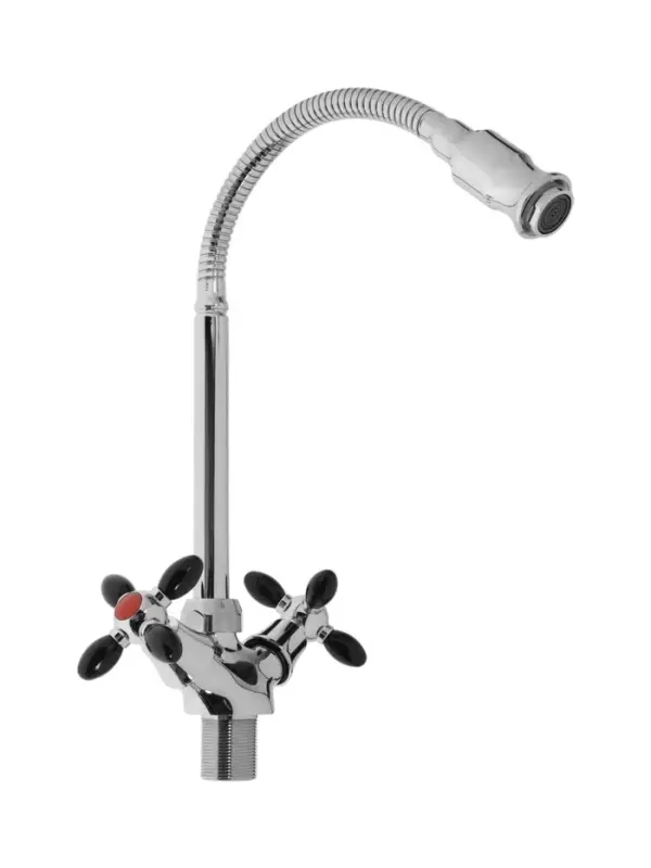 Смеситель для кухни ZEIN ZC2029, гибкий излив, кран-букса латунь 1/2", черный/хром