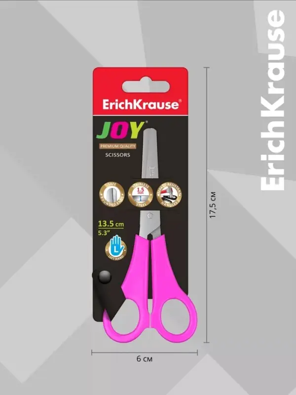 Ножницы детские для левшей 13.5 см, ErichKrause Joy Left Hand, с закруглёнными концами лезвий и линейкой, МИКС