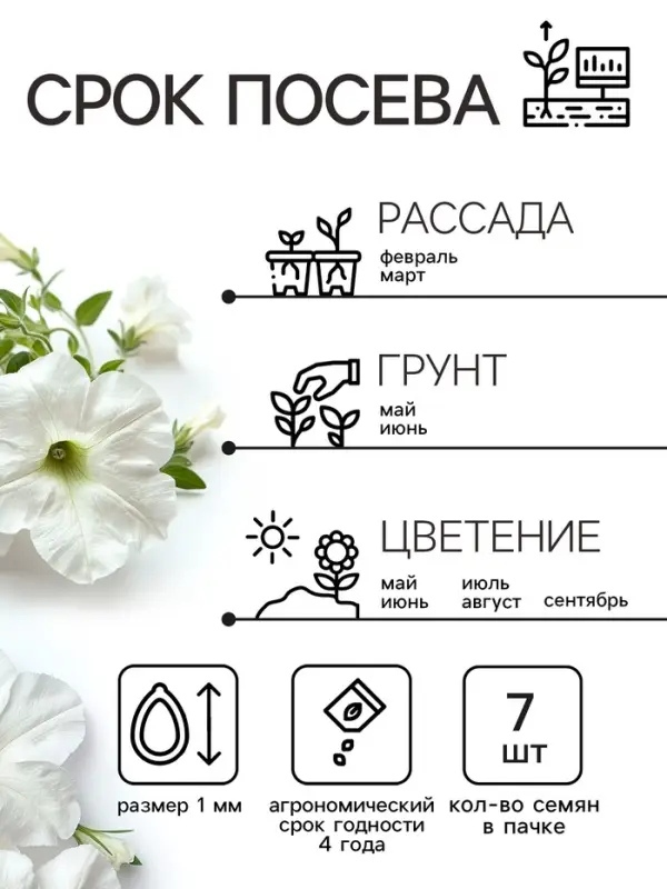 Семена цветов Петуния &laquo;Мамбо&raquo;, F1, белая многоцветковая, 7 шт., однолетник, &laquo;Аэлита&raquo;