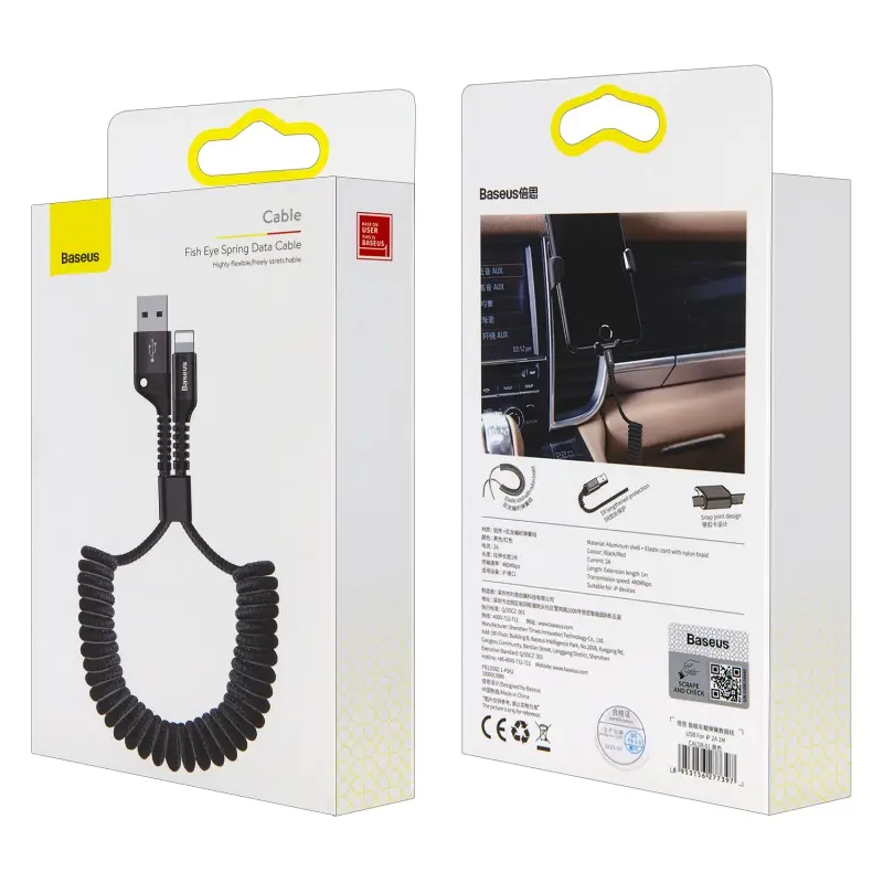 Кабель USB Lightning 1M 2A Fish Eye Spring Data Cable Baseus черный CALSR-01