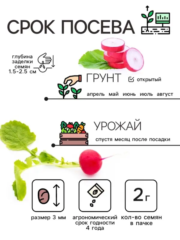 Семена Редис  Семена Редис "Розово-красный с белым кончиком", 2 г