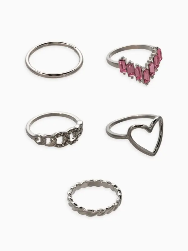 Набор колец 5 шт "Новый стиль" сердца,бесконечность, р-р МИКС, цвет бело-розовый в серебре   1093709