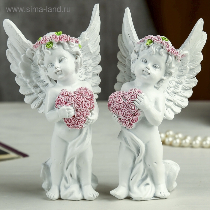 Сувенир полистоун Сувенир полистоун "Ангел в розовом венке с сердцем из роз" МИКС 15х7,8х5,5 см