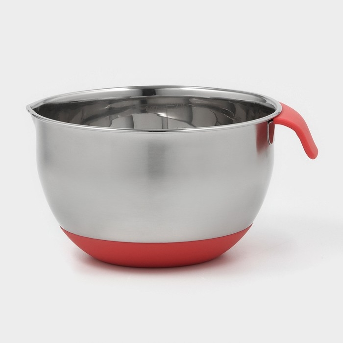 Миска из нержавеющей стали, 2 л, 22×19×11,5 см, с противоскользящим дном и мерной шкалой, силиконовая ручка Миска из нержавеющей стали, 2 л, 22×19×11,5 см, с противоскользящим дном и мерной шкалой, силиконовая ручка