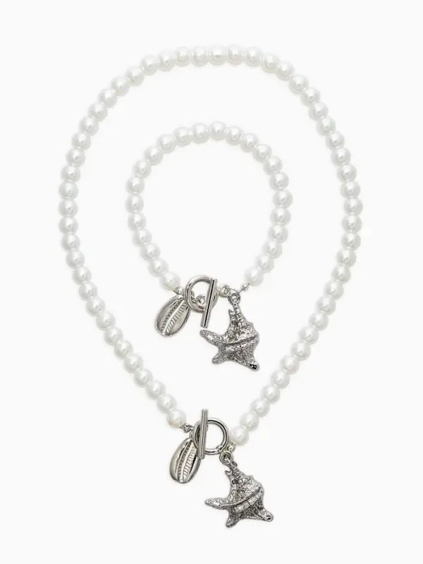 Набор 2 предмета: бусы. браслет &laquo;Жемчуг. Ракушка&raquo;, L=18/42 см, №8, белый в серебре