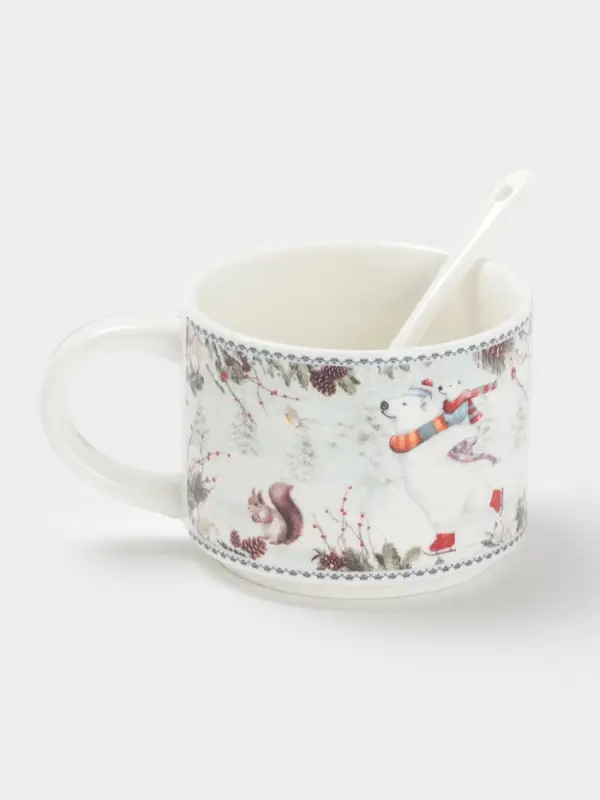 Кружка новогодняя «Белый мишка», с ложкой, 280 мл, керамика, подарочная упаковка, белая