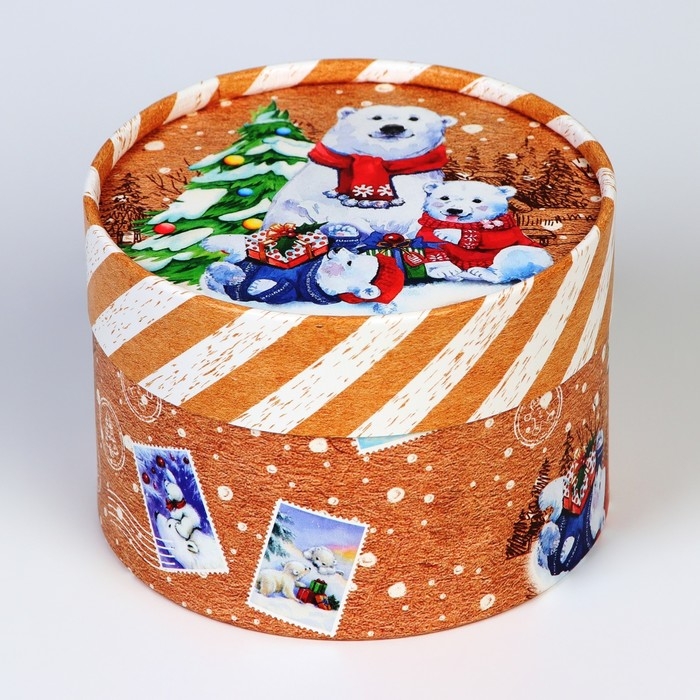 Новый год. Коробка подарочная новогодняя для макарун тубус без окна Новый год. Коробка подарочная новогодняя для макарун тубус без окна "Мишки", 12 х 8 см.