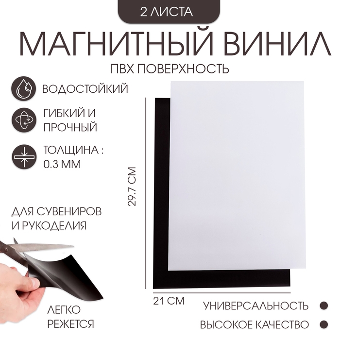 Магнитный винил, с ПВХ поверхностью, А4, 2 шт, толщина 0.3 мм, 21 х 29.7 см, белый Магнитный винил, с ПВХ поверхностью, А4, 2 шт, толщина 0.3 мм, 21 х 29.7 см, белый