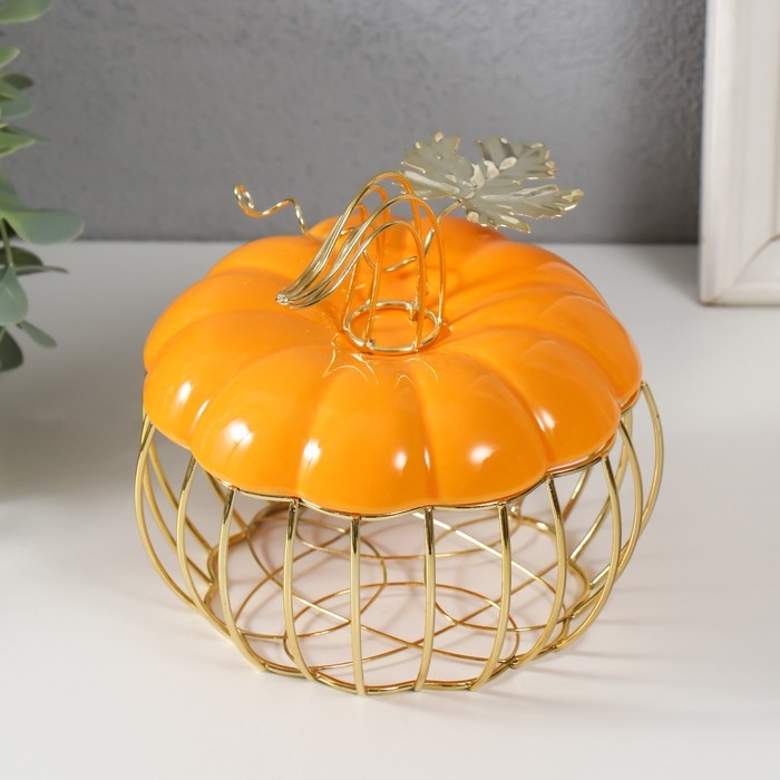 Шкатулка металл, керамика Шкатулка металл, керамика "Тыква с листочком" оранжевая с золотом 14х14х13 см