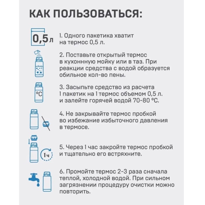 Чистящее средство для стали, для термосов и термокружек  Чистящее средство для стали, для термосов и термокружек "Чистотерм", 5 пакетиков