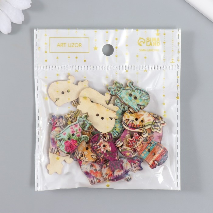 Пуговицы декоративные дерево 2 прокола Пуговицы декоративные дерево 2 прокола "Яркие кошечки" набор 20 шт 3х1,8 см