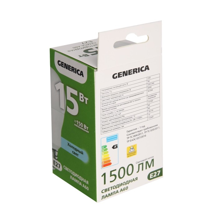 Лампа светодиодная GENERICA A60, 15 Вт, груша, 6500 К, E27, 230 В, LL-A60-15-230-65-E27-G Лампа светодиодная GENERICA A60, 15 Вт, груша, 6500 К, E27, 230 В, LL-A60-15-230-65-E27-G