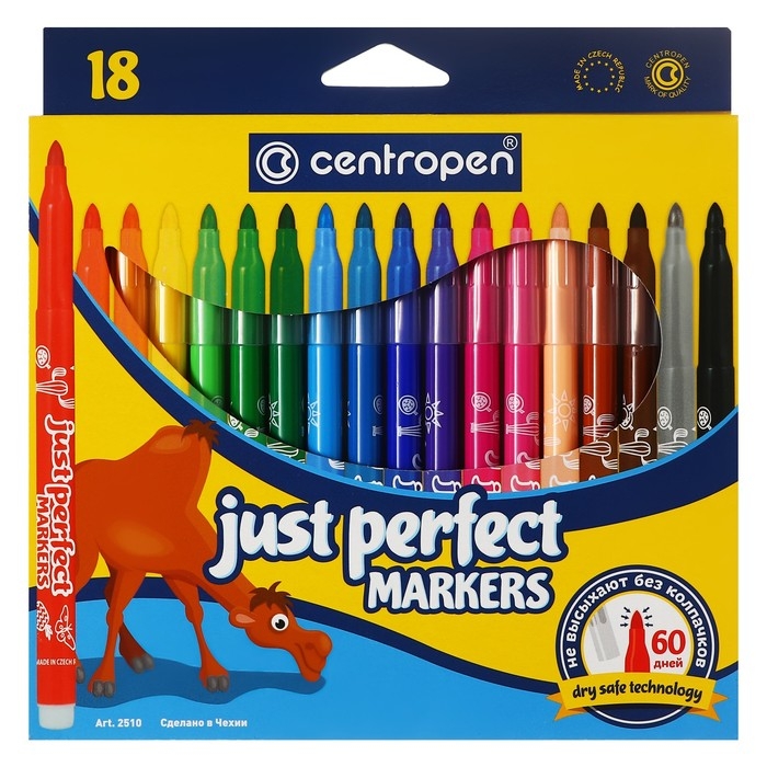 Фломастеры 18 цветов 3.9 мм Centropen 2510 Perfect, невысыхаемые, картонная упаковка, европодвес Фломастеры 18 цветов 3.9 мм Centropen 2510 Perfect, невысыхаемые, картонная упаковка, европодвес