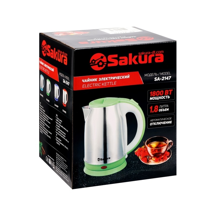 Чайник электрический Sakura SA-2147G, металл, 1.8 л, 1800 Вт, зеленый Чайник электрический Sakura SA-2147G, металл, 1.8 л, 1800 Вт, зеленый