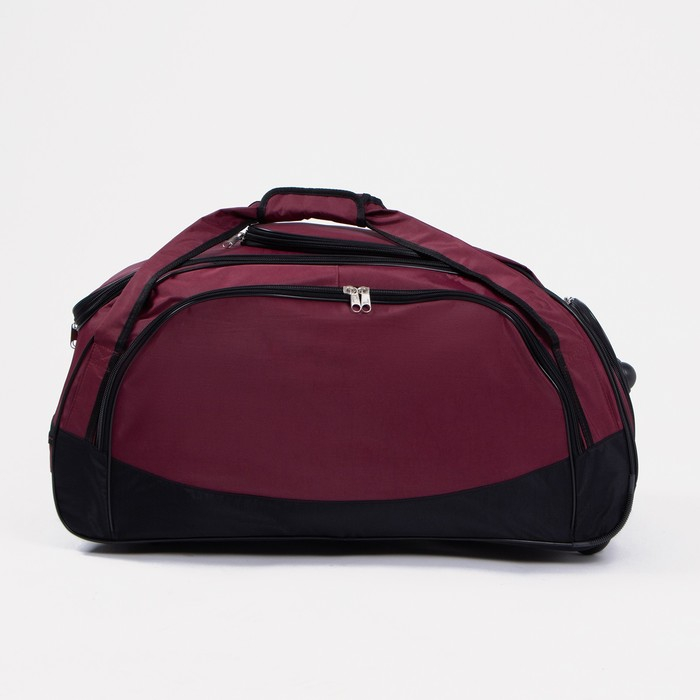 Сумка дорожная на колёсах, отдел на молнии, отдел для обуви, 3 наружных кармана, длинный ремень, цвет чёрный/бордовый Сумка дорожная на колёсах, отдел на молнии, отдел для обуви, 3 наружных кармана, длинный ремень, цвет чёрный/бордовый