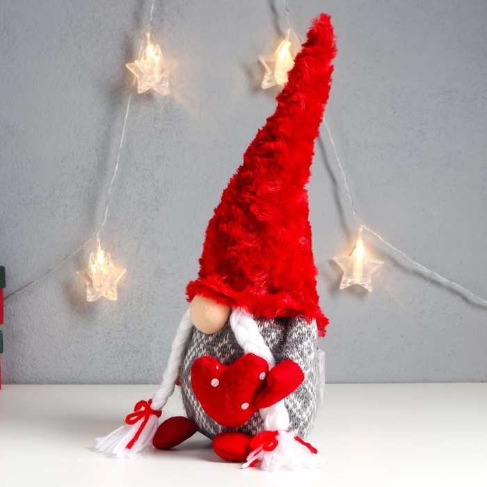 Кукла интерьерная свет Кукла интерьерная свет "Бабусечка в с сердечком в горошек, меховой колпак" 35х14х14 см