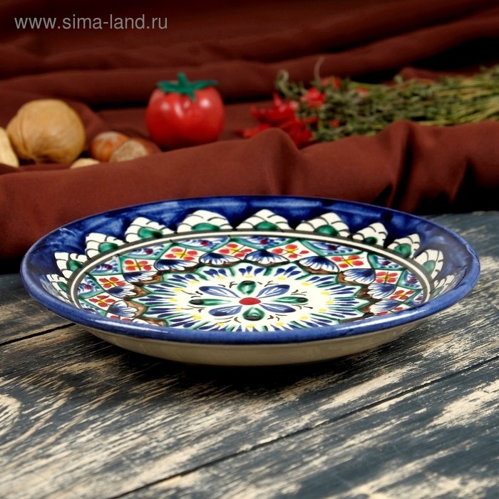 Тарелка Риштанская Керамика Тарелка Риштанская Керамика "Цветы", синяя, плоская, 15 см, микс