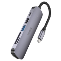 Адаптер Hoco HB28, HDMI/USB3.0/USB2.0/SD/TF/PD, 60 Вт, 3 А, 13.5 см, серый