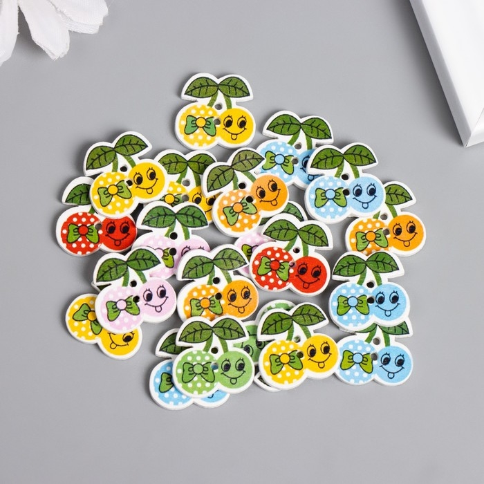 Пуговицы дерево для творчества 2 прокола Пуговицы дерево для творчества 2 прокола "Вишенки с бантиком" набор 20шт 1,9х1,9х0,2 см МИКС