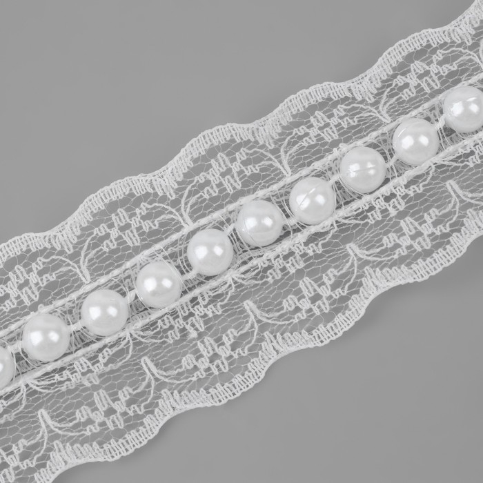 Рюш кружевной, с бусинами, 35 мм, 4,5 ± 0,5 м, цвет белый Рюш кружевной, с бусинами, 35 мм, 4,5 ± 0,5 м, цвет белый