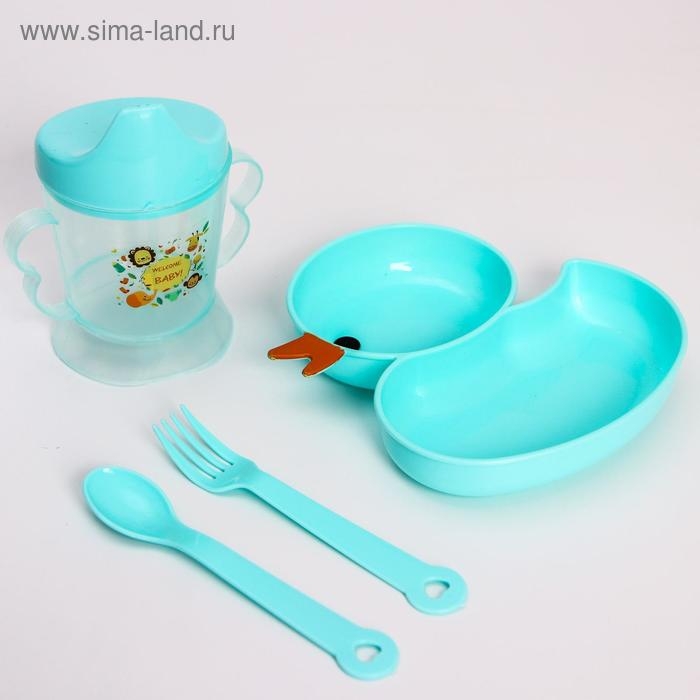 Набор посуды 4 предмета, миска, вилка, ложка, поильник твердый носик 200 мл., цвет МИКС Набор посуды 4 предмета, миска, вилка, ложка, поильник твердый носик 200 мл., цвет МИКС