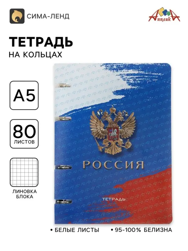 Тетрадь на кольцах A5 &laquo;Россия&raquo;, 80 листов в клетку, вырубка под кольца, сменный блок