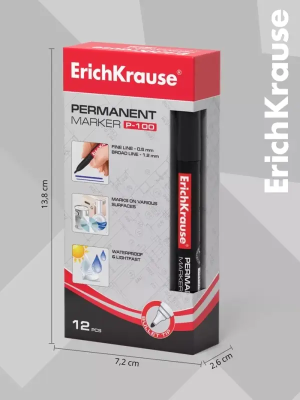 Маркер перманентный ErichKrause P-100, 0.5-1.2 мм, чернила на спиртовой основе светостойкие, водостойкие без ксилола, чёрный