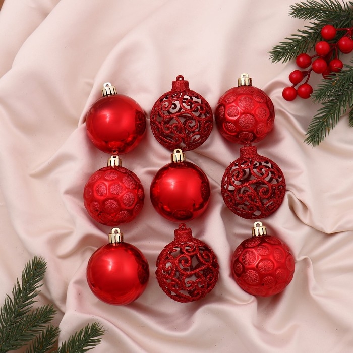 Ёлочные игрушки, шары новогодние , пластик, набор d-6 см, 9 шт Ёлочные игрушки, шары новогодние , пластик, набор d-6 см, 9 шт "Николь узоры" красный