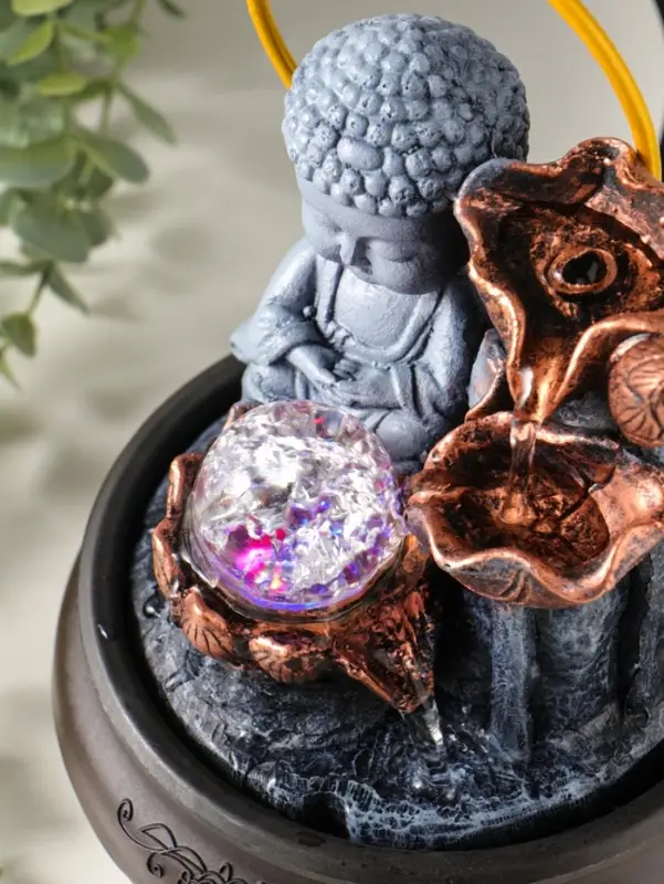 Фонтан настольный от сети, подсветка "Будда с лотосами - благополучие" 16х16х22 см