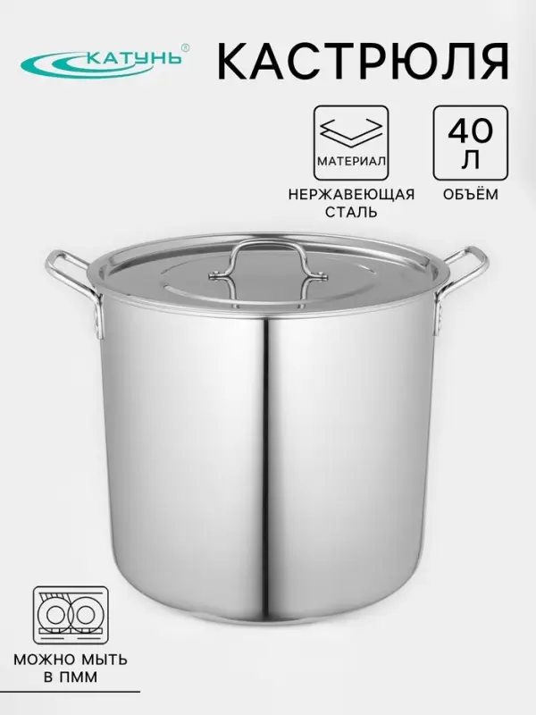 Котёл Катунь &laquo;Общепит&raquo;, 40 л, d=40 см, h=35 см, с крышкой, нержавеющая сталь, хромированная