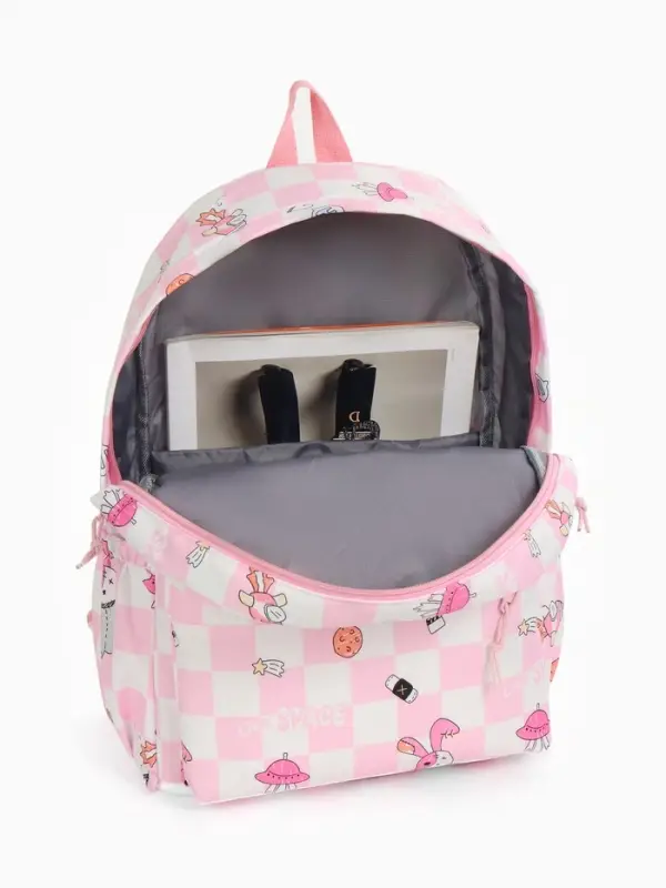 Рюкзак школьный на молнии, с карманами, в клетку, 28&times;11.5&times;40 см, розовый