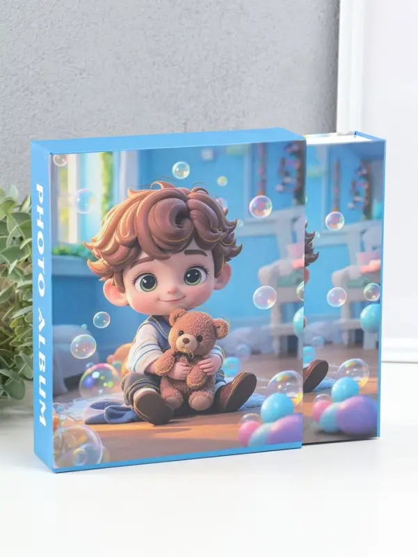 Фотоальбом на 80 фото 10х15 см "Мальчик с мишкой и пузырьки" в коробке 5х19х22,8 см