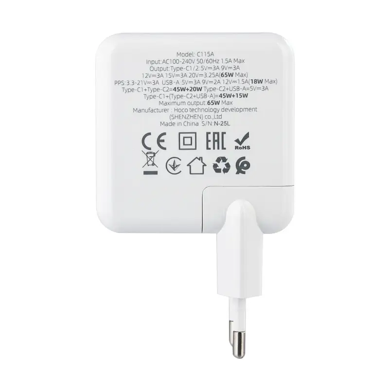 Переходник сетевого зарядного устройства на 2 Type-C PD65W + USB QC3.0 C115A  HOCO черное