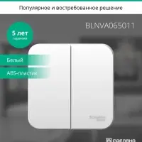 Выключатель BLANCA двухклавишный наружный (схема 5) с изоляционной пластиной 6A 250B белый