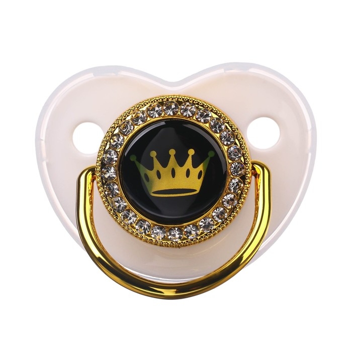 Соска - пустышка силиконовая ортодонтическая «PRINCESS», от 6 мес., с колпачком + держатель - цепочка, цвет белый/золото, стразы