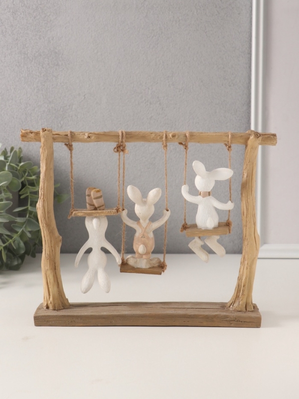Сувенир полистоун Сувенир полистоун "Зайчата - три друга на качелях" белый с золотом 26х5,5х20 см