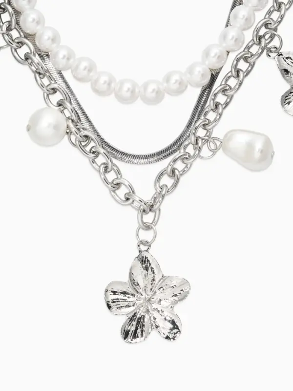 Колье медь "Жемчуг с цветами" (набор 3шт), 34/36/40см цвет белый в серебре