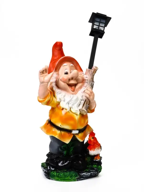 Садовая фигура - фонарь &laquo;Гном с фонарем и петухом&raquo; из полистоуна, 31&times;23&times;56 см
