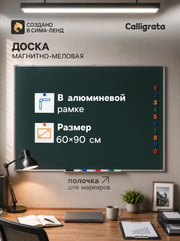 Доска магнитно-меловая, 60&times;90 см, зеленая, с полочкой, в алюминиевой рамке, CALLIGRATA
