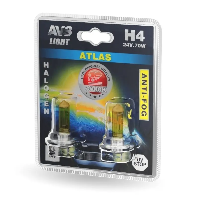 Галогенная лампа AVS /ATLAS ANTI-FOG/желтый H4.24V.75/70W.блистер 2шт.