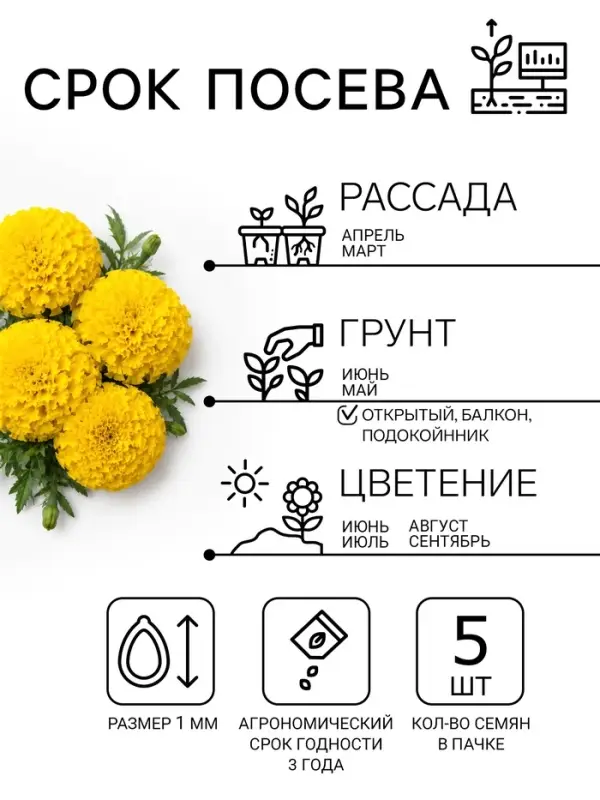 Семена Цветов Бархатцы &laquo;Тайшань желтый&raquo;, 5 шт.