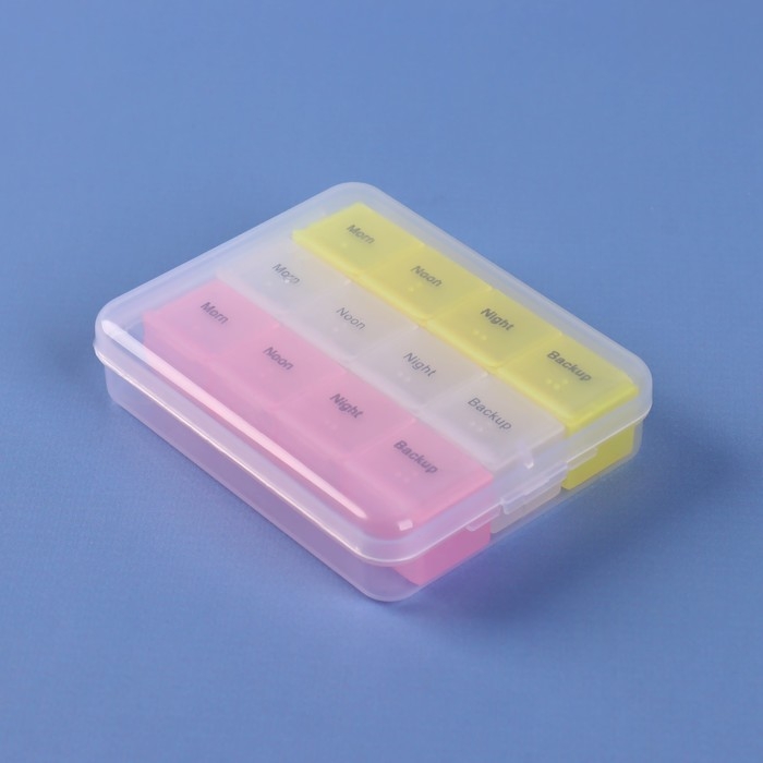 Таблетница - органайзер, английские буквы, утро/день/вечер/ночь, 3 контейнера по 4 секции, цвет МИКС Таблетница - органайзер, английские буквы, утро/день/вечер/ночь, 3 контейнера по 4 секции, цвет МИКС