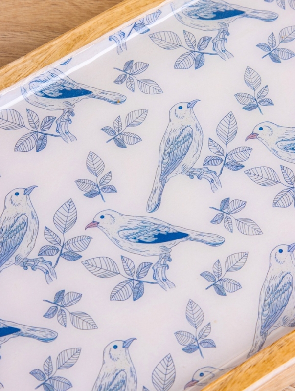 Блюдо прямоугольное "Синие птицы" дерево манго 41х15 см