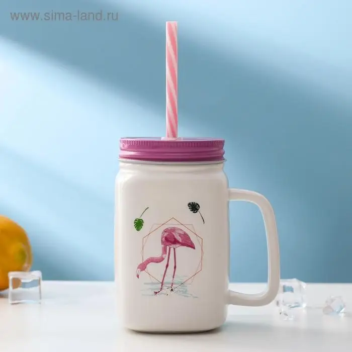 Кружка керамическая с металлической крышкой и трубочкой «Фламинго», 450 мл, цвет МИКС Кружка керамическая с металлической крышкой и трубочкой «Фламинго», 450 мл, цвет МИКС