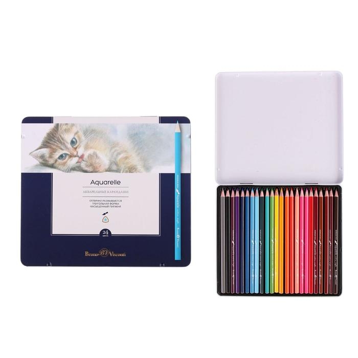 Карандаши акварельные 24 цвета Aquarelle, в металлической коробке с ложементом Карандаши акварельные 24 цвета Aquarelle, в металлической коробке с ложементом