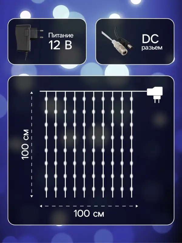 Гирлянда &laquo;Занавес&raquo; 1&times;1 м, роса, IP20, серебристая нить, 100 LED, свечение белое, 12 В