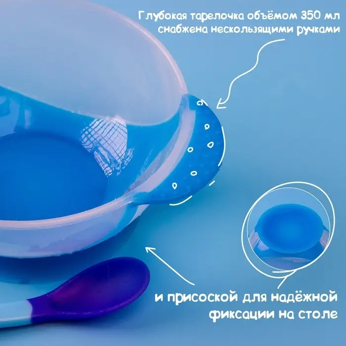 Детская посуда в наборе &laquo;Наш любимый сыночек&raquo;, миска 350 мл на присоске, крышка, ложка, голубая