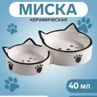Миска двойная &laquo;Кошачье семейство&raquo;, 40/60 мл, 19&times;10.5&times;3.5 см, керамика, белая, чёрная