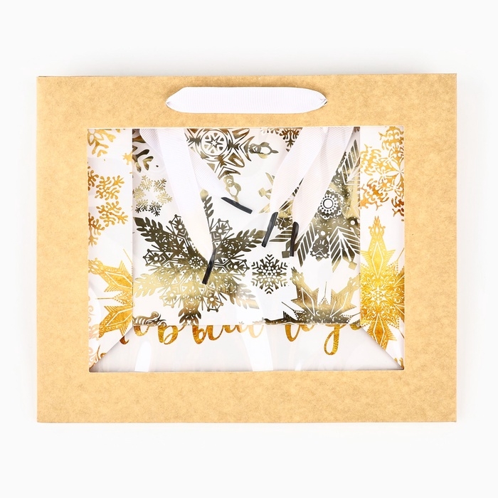 Пакет подарочный новогодний крафтовый с пластиковым окном «Gold», 24 х 20 х 11см Пакет подарочный новогодний крафтовый с пластиковым окном «Gold», 24 х 20 х 11см