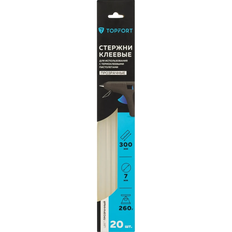 Стержни клеевые прозрачные 7x300, упаковка 20 штук, Topfort